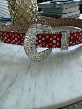 Women’s Red Crystal Western-Style Belt with Silver Buckle